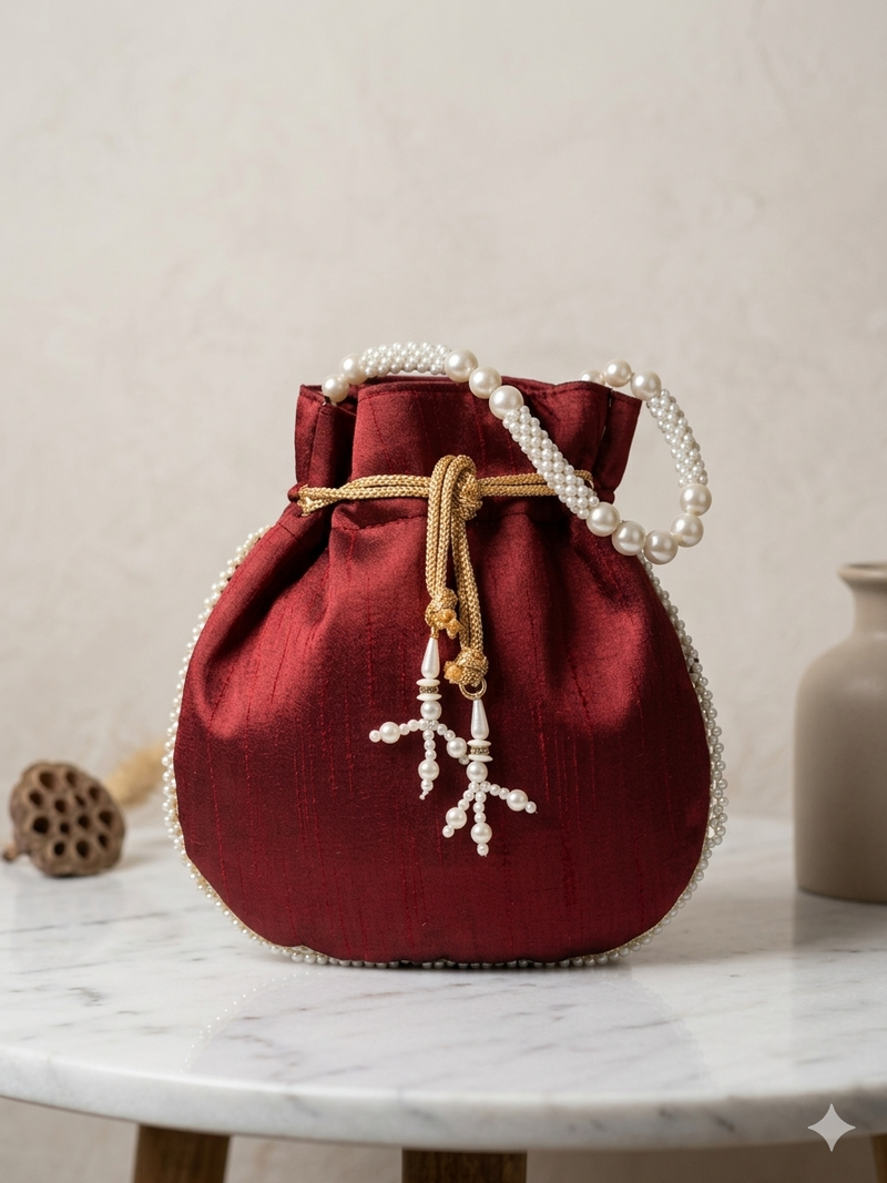 Elegant maroon peach pearl embroidered potli bag with beaded handle