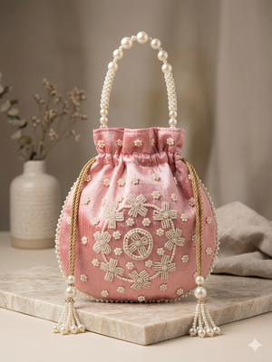 Elegant light pink peach pearl embroidered potli bag with beaded handle 3