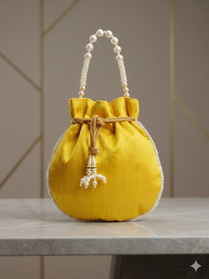 Elegant yellow peach pearl embroidered potli bag with beaded handle 2