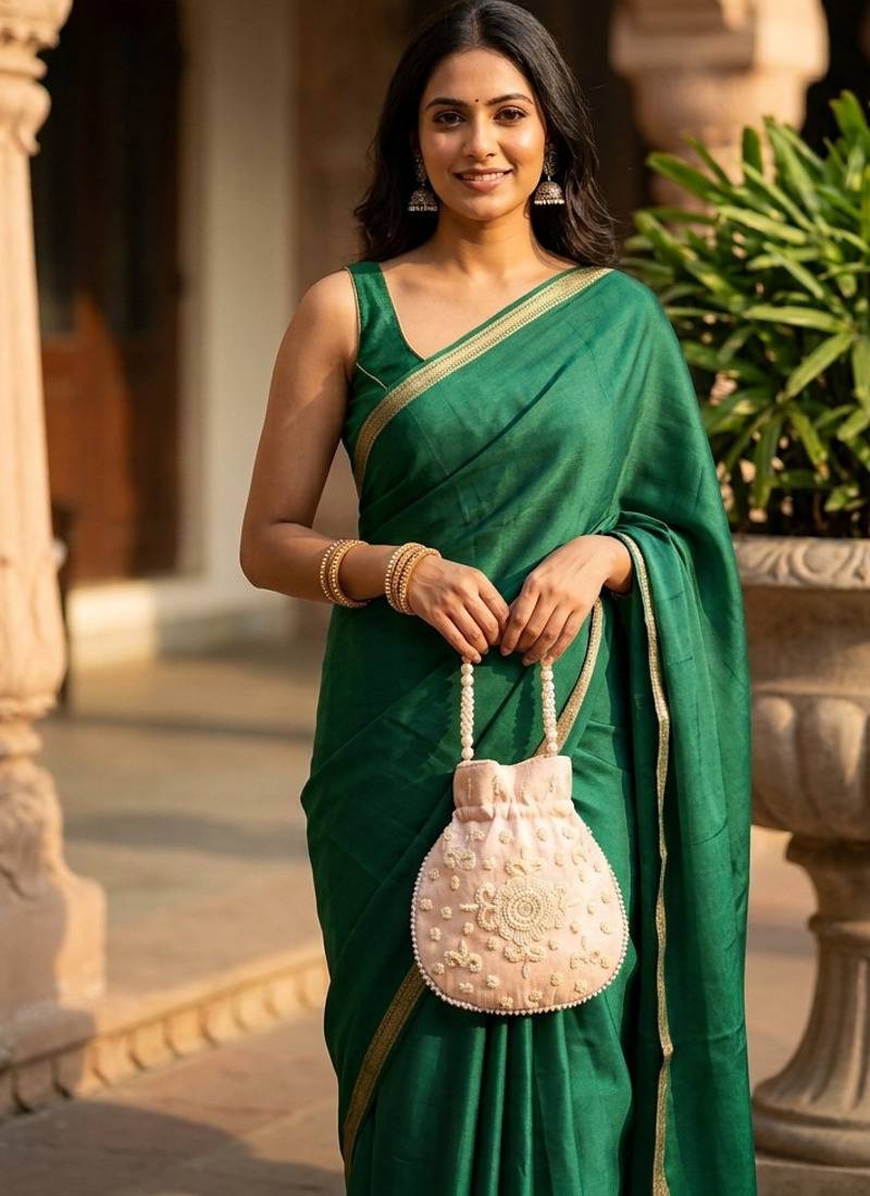 Luxury pastel peach pearl embroidered potli bag with beaded handle – bridal & festive clutch