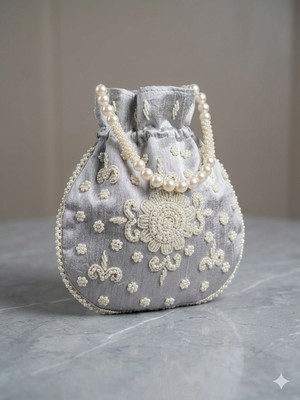 Luxury grey pearl embroidered potli bag with beaded handle   bridal & festive clutch 1