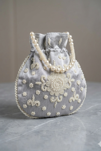 Luxury grey pearl embroidered potli bag with beaded handle   bridal & festive clutch