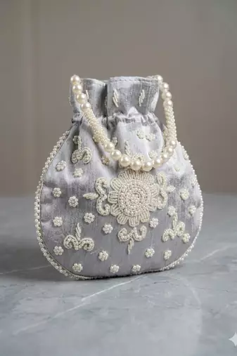Luxury grey pearl embroidered potli bag with beaded handle – bridal & festive clutch