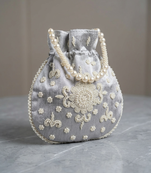 Luxury grey pearl embroidered potli bag with beaded handle – bridal & festive clutch