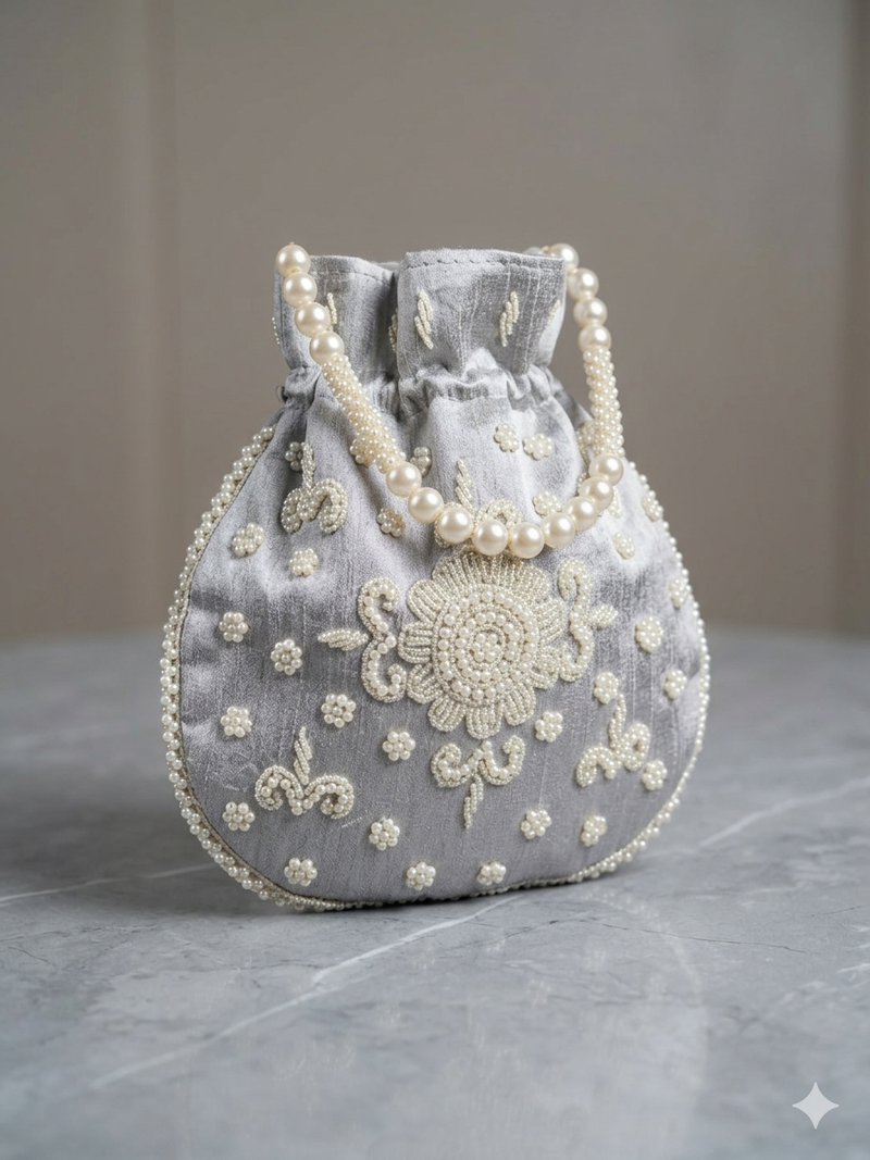 Luxury grey pearl embroidered potli bag with beaded handle – bridal & festive clutch