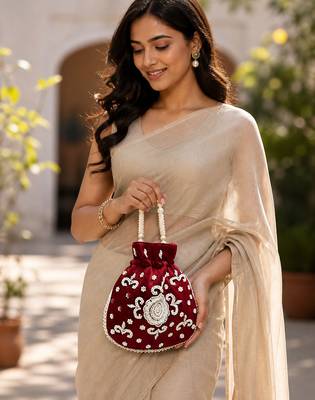 Luxury maroon pearl embroidered potli bag with beaded handle   bridal & festive clutch 1