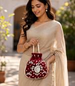 Luxury maroon pearl embroidered potli bag with beaded handle – bridal & festive clutch