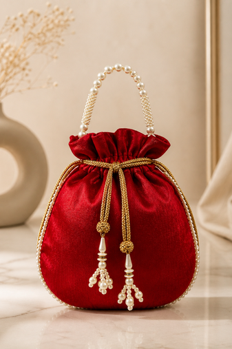 Luxury red pearl embroidered potli bag with beaded handle – bridal & festive clutch