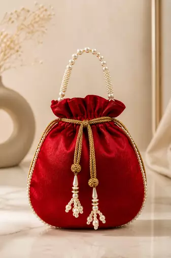 Luxury red pearl embroidered potli bag with beaded handle – bridal & festive clutch