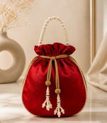 Luxury red pearl embroidered potli bag with beaded handle – bridal & festive clutch