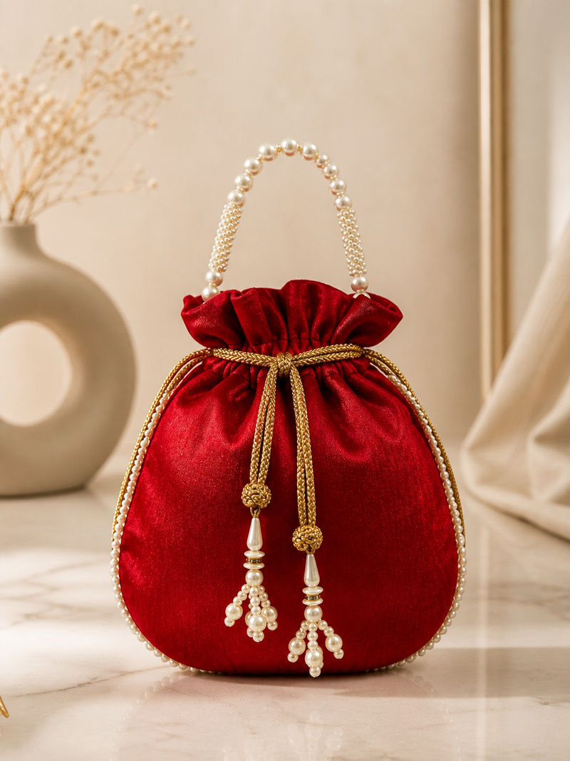 Luxury red pearl embroidered potli bag with beaded handle – bridal & festive clutch