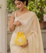 Luxury yellow pearl embroidered potli bag with beaded handle – bridal & festive clutch