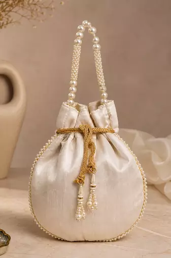 Luxury off white pearl embroidered potli bag with beaded handle – bridal & festive clutch