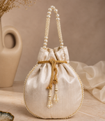 Luxury off white pearl embroidered potli bag with beaded handle – bridal & festive clutch