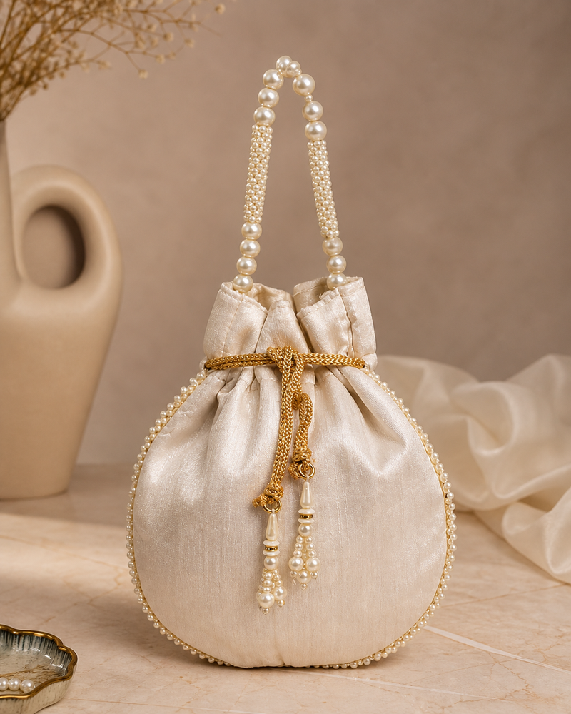 Luxury off white pearl embroidered potli bag with beaded handle – bridal & festive clutch