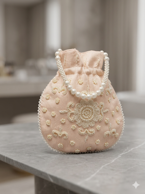 Luxury pastel peach pearl embroidered potli bag with beaded handle   bridal & festive clutch 2