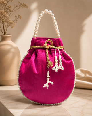 Elegant rani pearl embroidered potli bag with beaded handle 2
