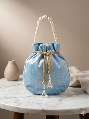 Elegant sky blue peach pearl embroidered potli bag with beaded handle 3