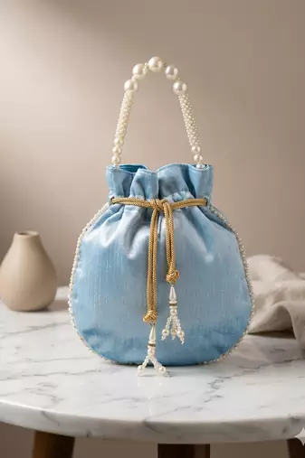 Elegant sky blue peach pearl embroidered potli bag with beaded handle