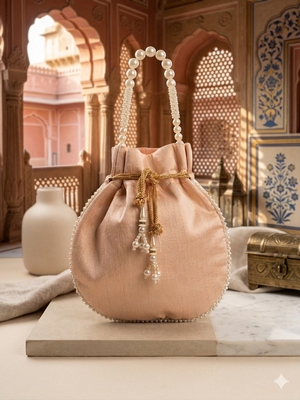 Luxury pastel peach pearl embroidered potli bag with beaded handle   bridal & festive clutch 3