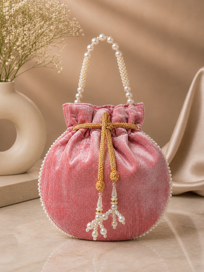 Elegant pastel pink pearl embroidered potli bag with beaded handle