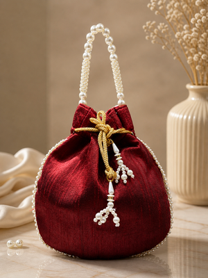 Luxury maroon pearl embroidered potli bag with beaded handle   bridal & festive clutch 3
