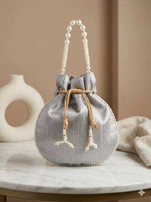 Luxury grey pearl embroidered potli bag with beaded handle   bridal & festive clutch 3