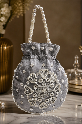Elegant grey pearl embroidered potli bag with beaded handle