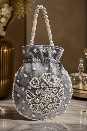 Elegant grey pearl embroidered potli bag with beaded handle