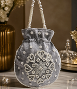 Elegant grey pearl embroidered potli bag with beaded handle
