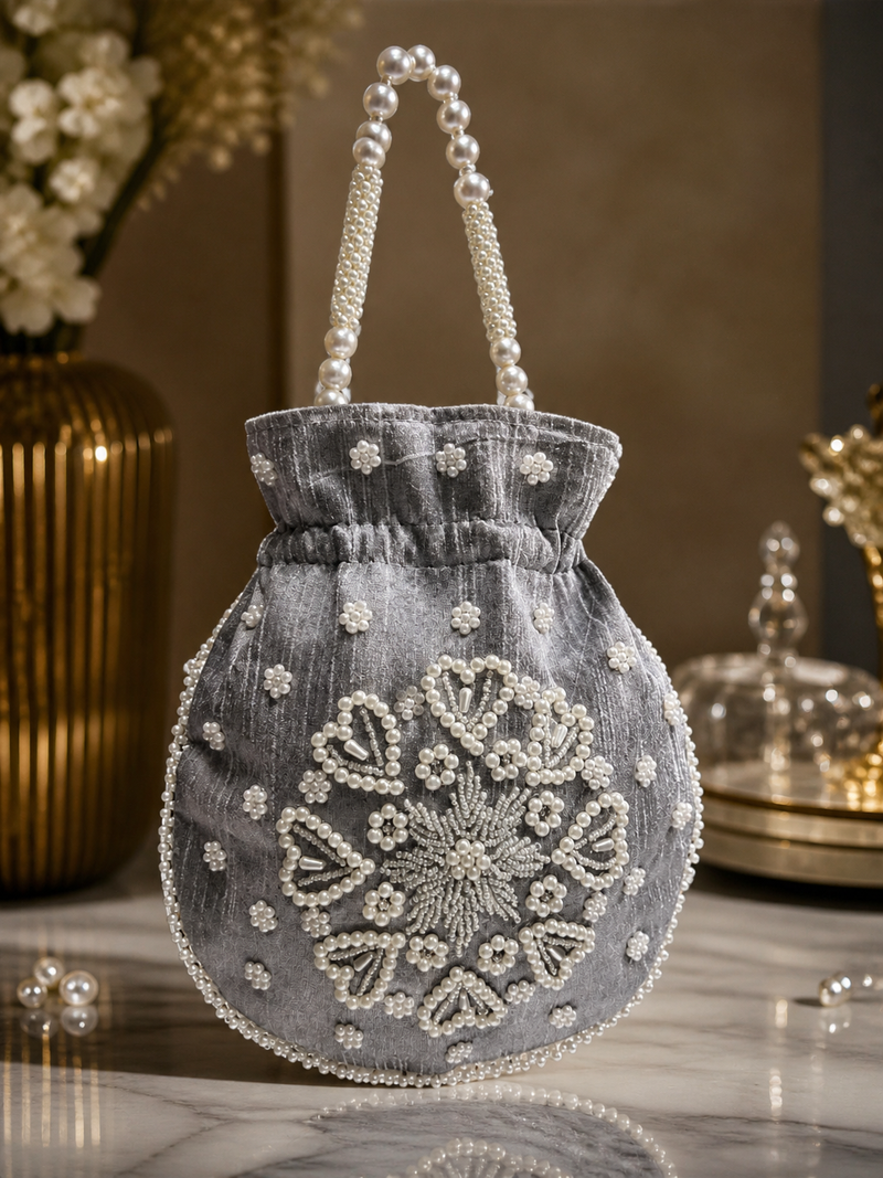 Elegant grey pearl embroidered potli bag with beaded handle