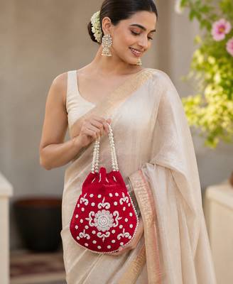 Luxury red pearl embroidered potli bag with beaded handle   bridal & festive clutch 3