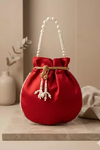 Elegant red pearl embroidered potli bag with beaded handle