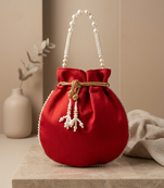 Elegant red pearl embroidered potli bag with beaded handle