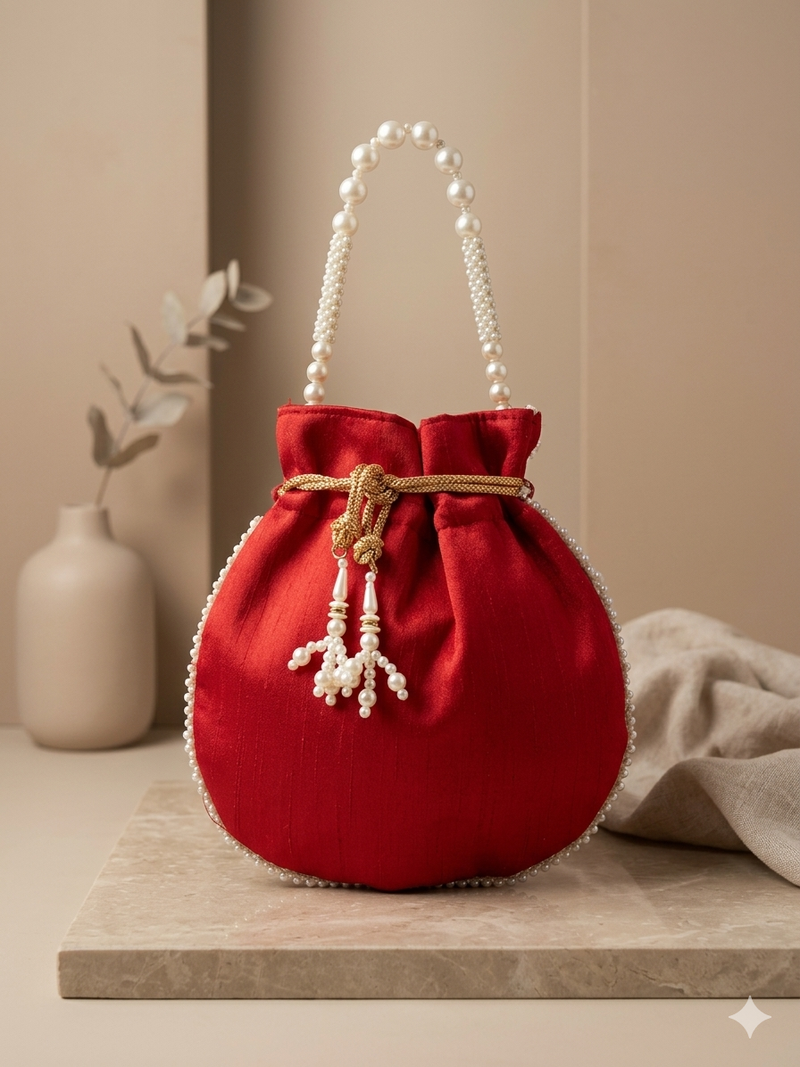 Elegant red pearl embroidered potli bag with beaded handle