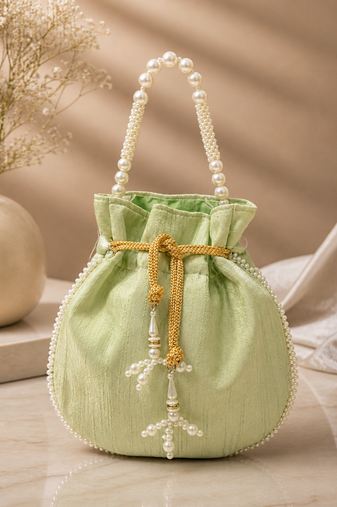 Elegant pastel green pearl embroidered potli bag with beaded handle