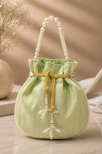 Elegant pastel green pearl embroidered potli bag with beaded handle