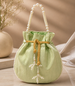 Elegant pastel green pearl embroidered potli bag with beaded handle