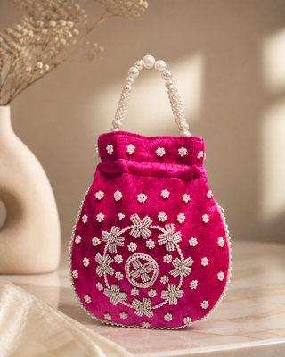 Elegant rani pearl embroidered potli bag with beaded handle 3