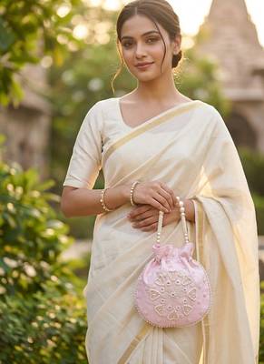 Elegant pink pearl embroidered potli bag with beaded handle 1