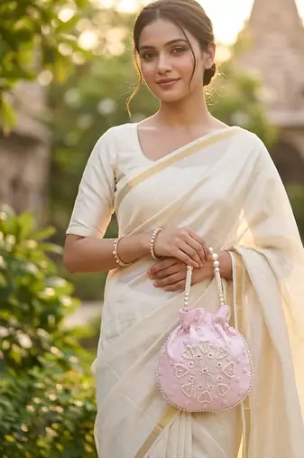 Elegant pink pearl embroidered potli bag with beaded handle