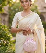 Elegant pink pearl embroidered potli bag with beaded handle