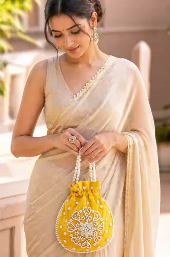 Elegant yellow pearl embroidered potli bag with beaded handle