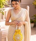 Elegant yellow pearl embroidered potli bag with beaded handle