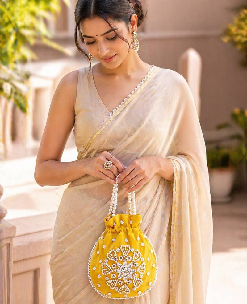 Elegant yellow pearl embroidered potli bag with beaded handle