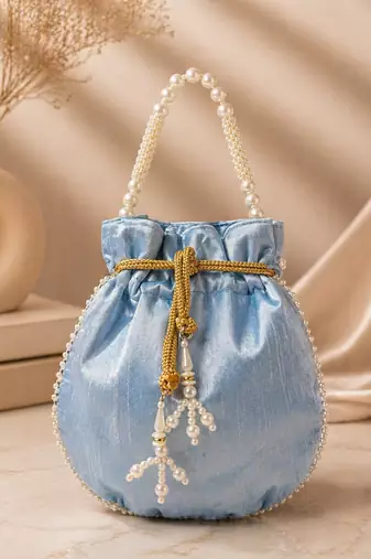 Elegant sky blue pearl embroidered potli bag with beaded handle