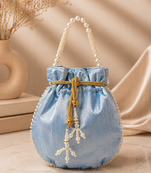 Elegant sky blue pearl embroidered potli bag with beaded handle