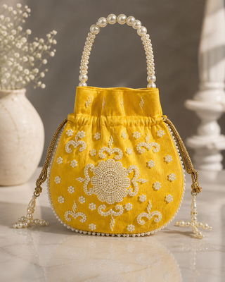 Luxury yellow pearl embroidered potli bag with beaded handle   bridal & festive clutch 3
