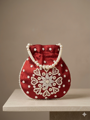 Elegant maroon pearl embroidered potli bag with beaded handle 3