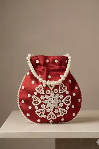 Elegant maroon pearl embroidered potli bag with beaded handle